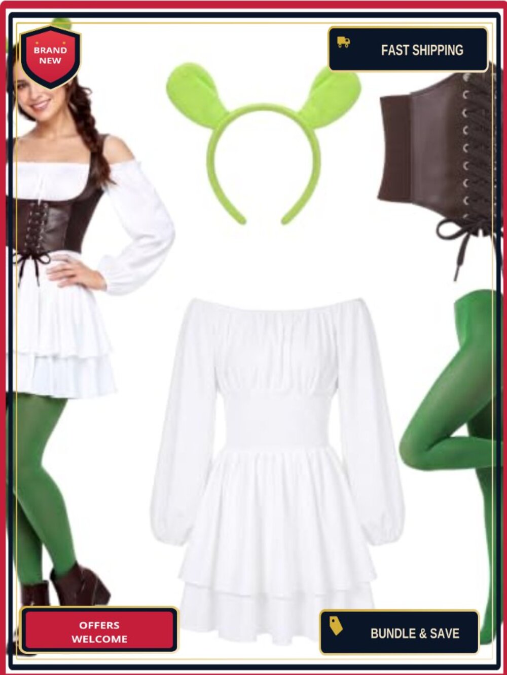Ogre Costume Set White Dress Corset Ear Headband Pantyhose